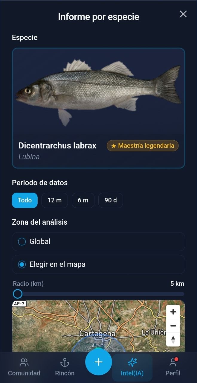 Informe por especie en AiPeces: lubina, periodo de datos y zona de 5 km en el mapa