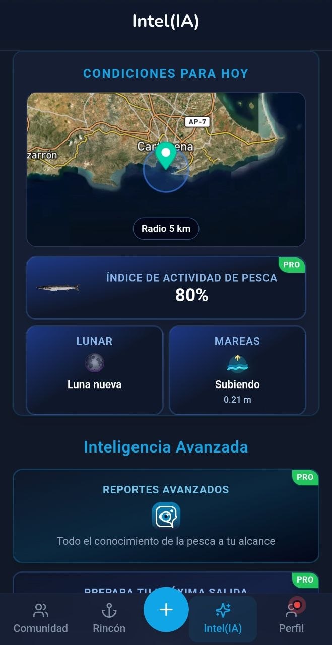 Pantalla Intel(IA) de AiPeces con índice de actividad, luna, mareas y reportes Pro