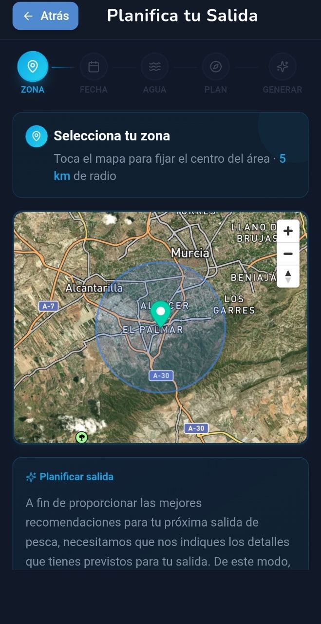 Asistente para planificar una salida de pesca: eliges zona en el mapa con radio de 5 km