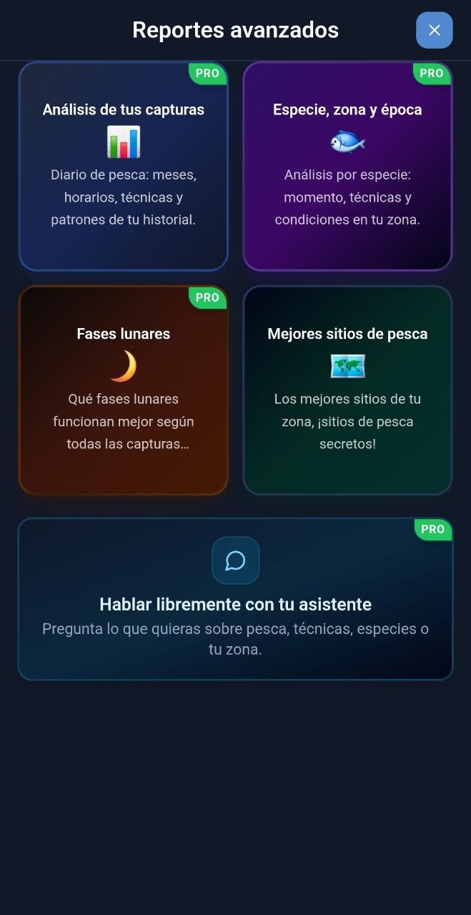 Menú de reportes avanzados Pro: análisis de capturas, especie-zona-época, fases lunares y asistente