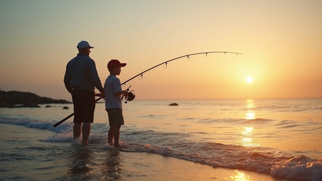 Pescador principiante lanzando desde la costa española al amanecer