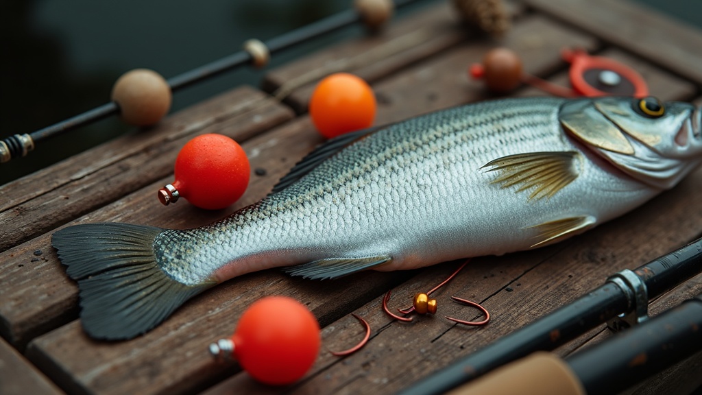 Montajes y aparejos básicos de pesca — plomo corredizo, paternóster, jighead y boya preparados en la orilla