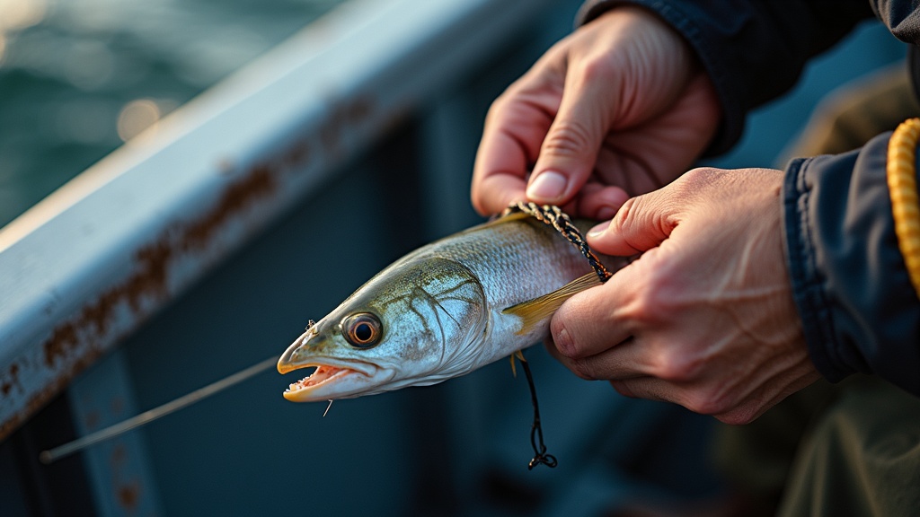 Manos haciendo un nudo de pesca — palomar con hilo de fluorocarbono