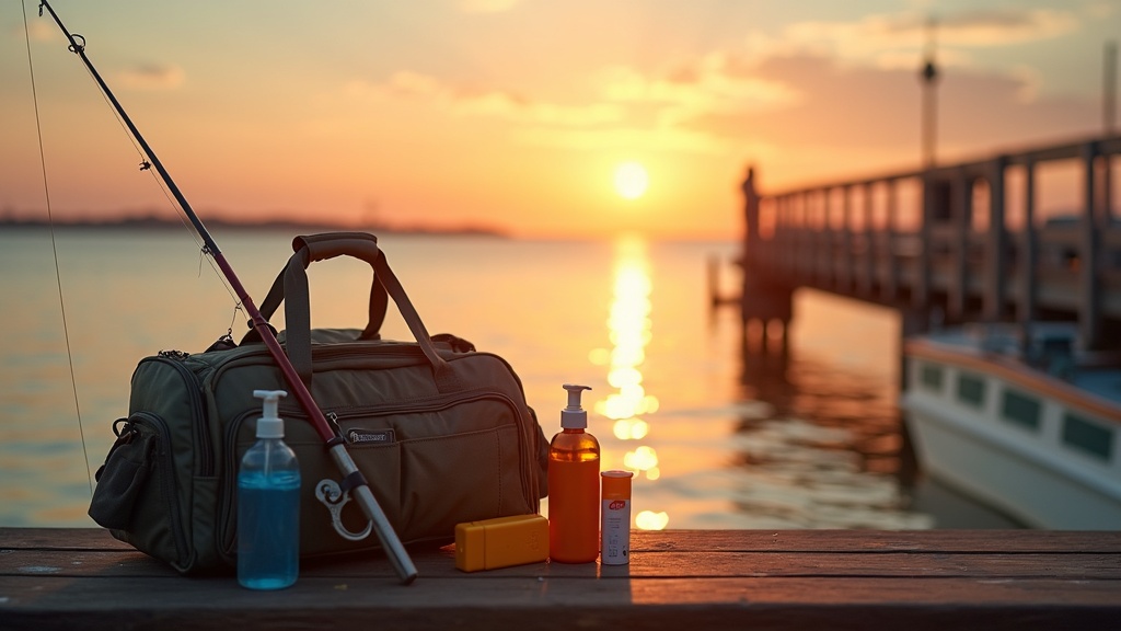 Primera salida de pesca — pescador con mochila preparada en la orilla al amanecer